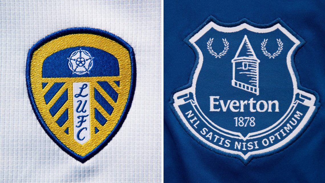 Split image of the Leeds United badge and the Everton badge