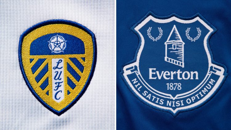 Split image of the Leeds United badge and the Everton badge