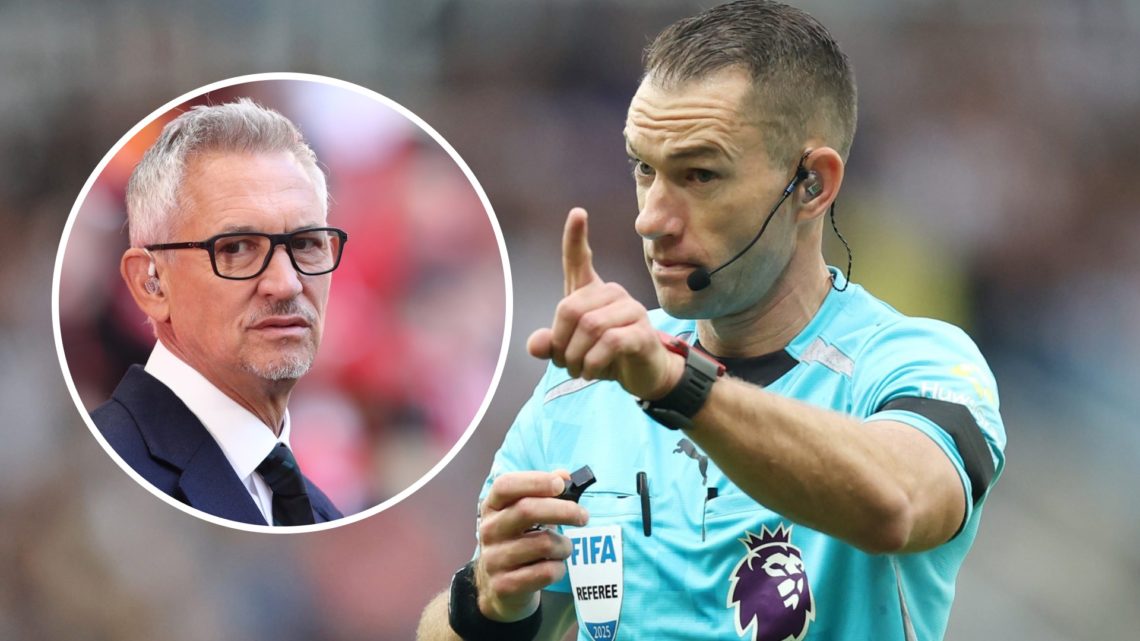 Jarred Gillett during Newcastle vs Arsenal in the Premier League alongside an inset of Gary Lineker.