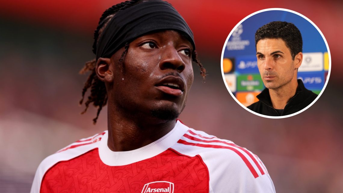 Arsenal forward Noni Madueke in action against Nottingham Forest in the Premier League, alongside an inset of head coach Mikel Arteta during a pres...
