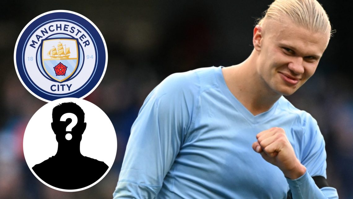Manchester City striker Erling Haaland celebrates win vs Man United. Inset of Man City badge and a mystery player.
