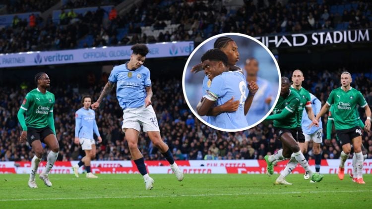 Manchester City defender Nico O'Reilly with inset of Reigan Heskey and Jaden Heskey