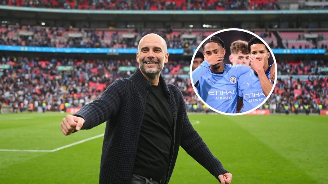 Manchester City manager Pep Guardiola with inset of Divine Mukasa and Kaden Braithwaite