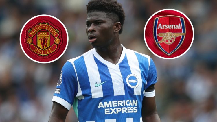 Carlos Baleba in action for Brighton, Arsenal badge and Manchester United badge inset