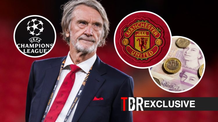 Sir Jim Ratcliffe looks on ahead of the 2025 UEFA Europa League final between Manchester United and Tottenham, UEFA Champions League logo, TBR logo...
