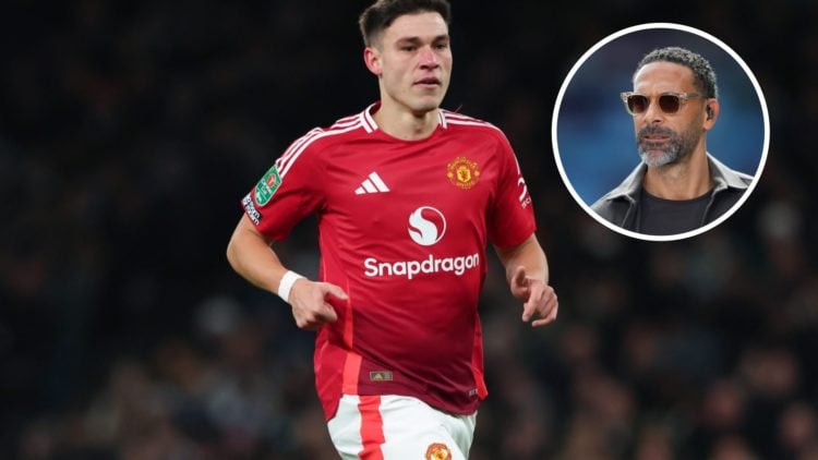 Manuel Ugarte playing for Manchester United (left) with Rio Ferdinand with sunglasses on overlayed (right)
