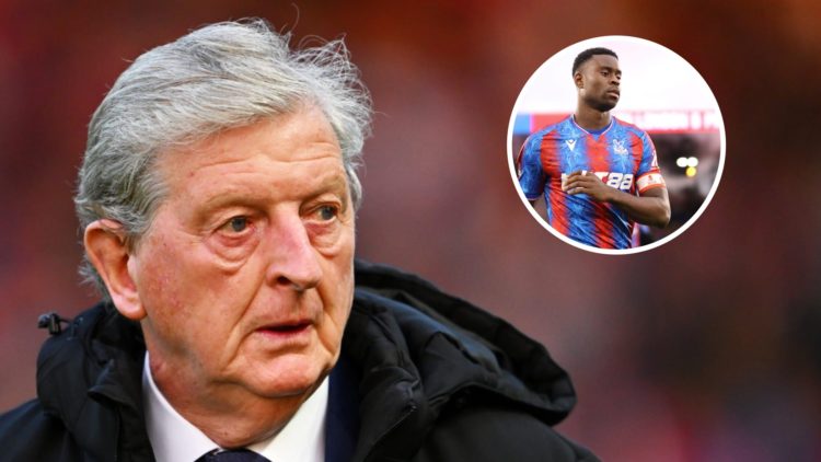 Roy Hodgson as Crystal Palace manager (left) with Marc Guehi looking frustrated overlayed (right)