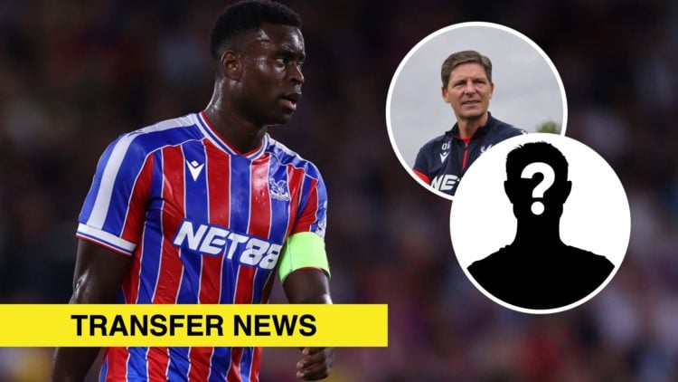 Crystal Palace defender Marc Guehi looks on against Fredrikstad. Inset, Crystal Palace boss Oliver Glasner and a mystery player icon