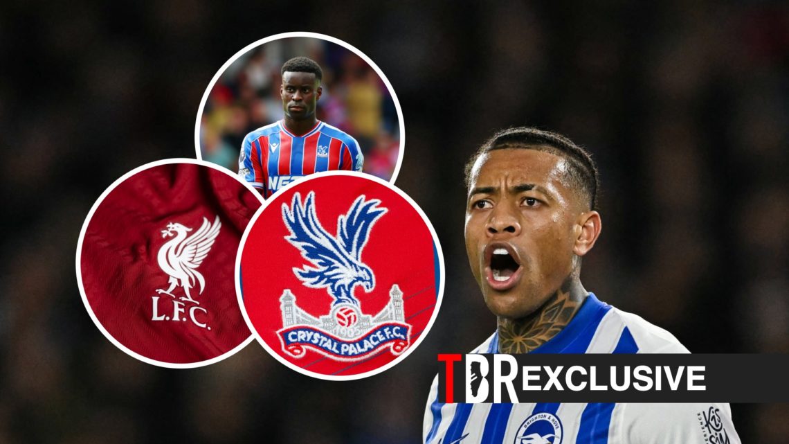 Igor Julio in action for Brighton, Crystal Palace badge, Liverpool badge, TBR logo, exclusive label and Marc Guehi inset