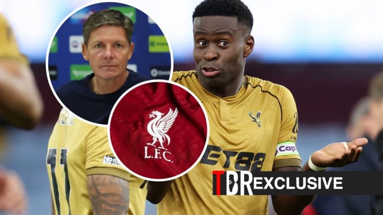 Marc Guehi reacts during a Premier League clash between Aston Villa and Crystal Palace, Oliver Glasner, Liverpool badge, TBR logo and exclusive lab...