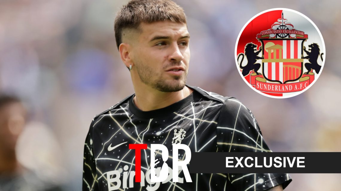 Marc Guiu training for Chelsea (left) with Sunderland badge overlayed (right) and the site logo and exclusive tagline