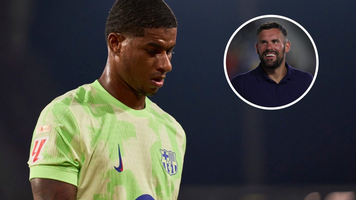 Marcus Rashford looks dejected for Barcelona (left) and Ben Foster doing punditry overlayed (right)