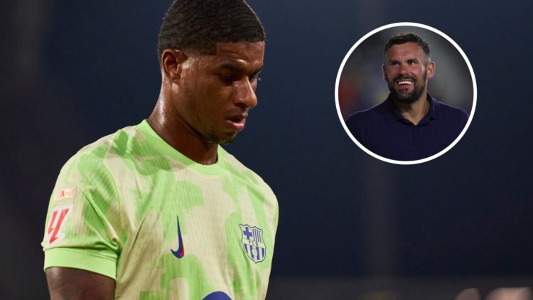 Marcus Rashford looks dejected for Barcelona (left) and Ben Foster doing punditry overlayed (right)