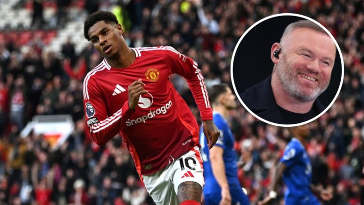 Marcus Rashford celebrates scoring a goal for Manchester United against Everton at Old Trafford, alongside an inset of Wayne Rooney on punditry dut...