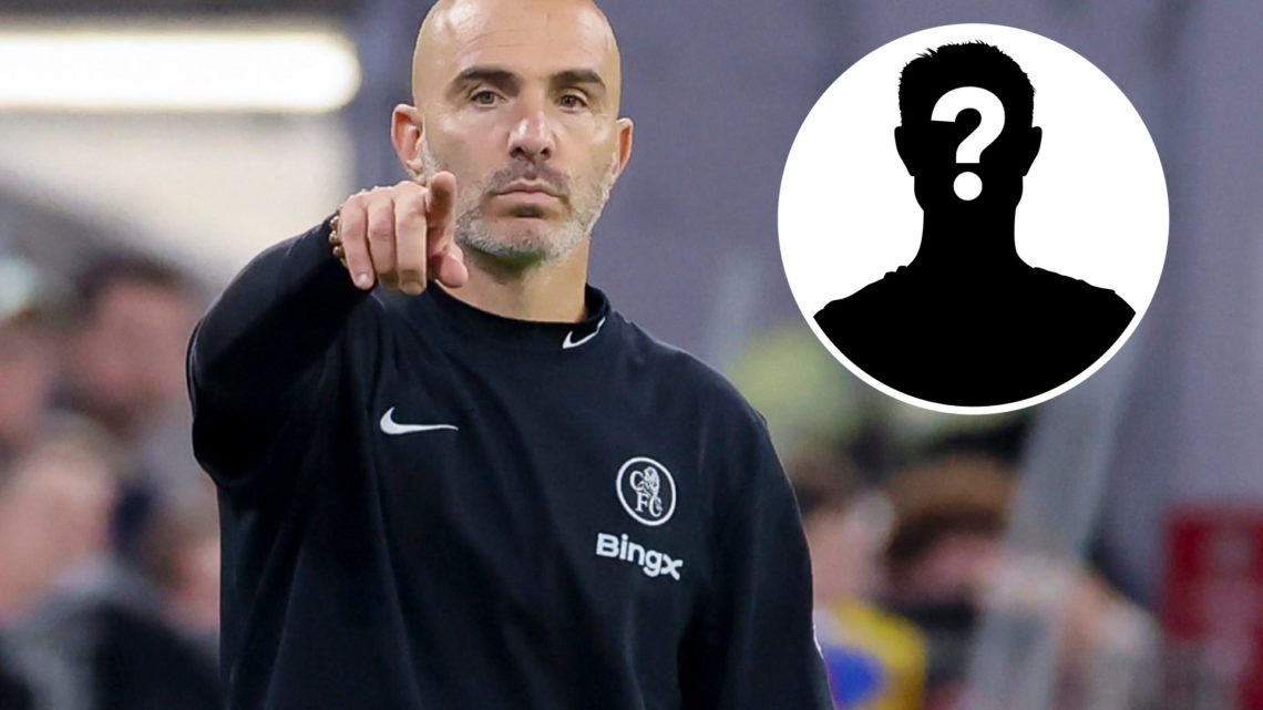 Chelsea boss Enzo Maresca gestures during his side's loss to Bayern Munich, alongside a white mystery player silhouette