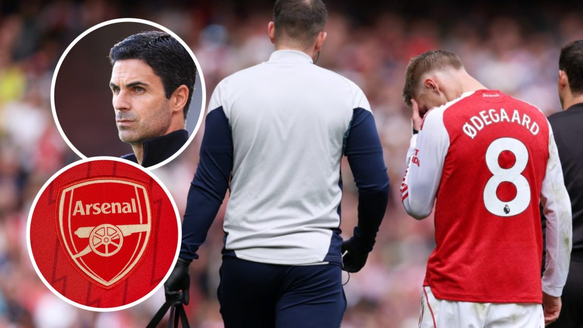 Martin Odegaard, Mikel Arteta (inset, top), Arsenal badge (inset, bottom)