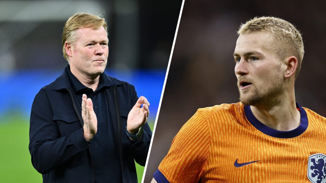 Ronald Koeman applauding fans (left) and Matthijs de Ligt playing for the Netherlands (right)