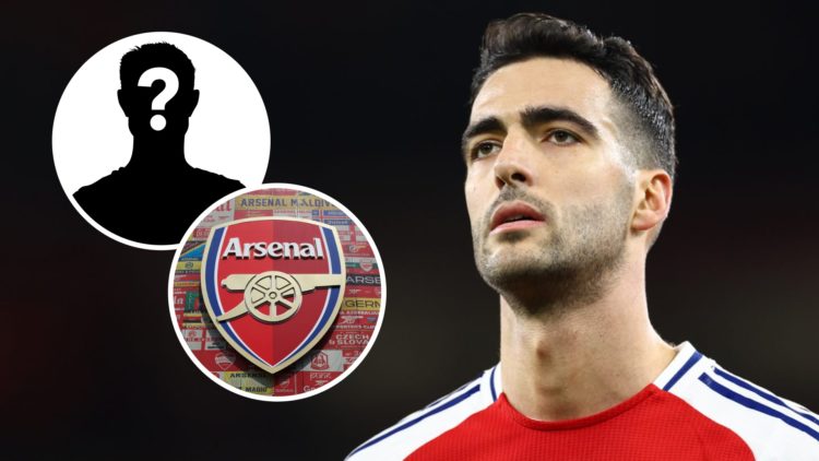 Mikel Merino (right) and a mystery player inset with an Arsenal badge (left)