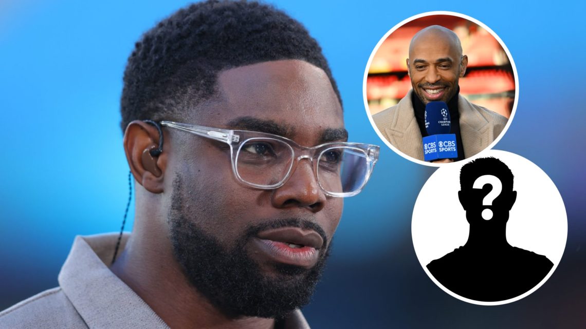 Micah Richards doing punditry (left) overlayed by an image of Thierry Henry and a mystery footballer (right)