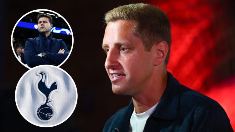Former Spurs defender Michael Dawson working for Sky Sports. Inset of Tottenham Hotspur badge and Mauricio Pochettino.
