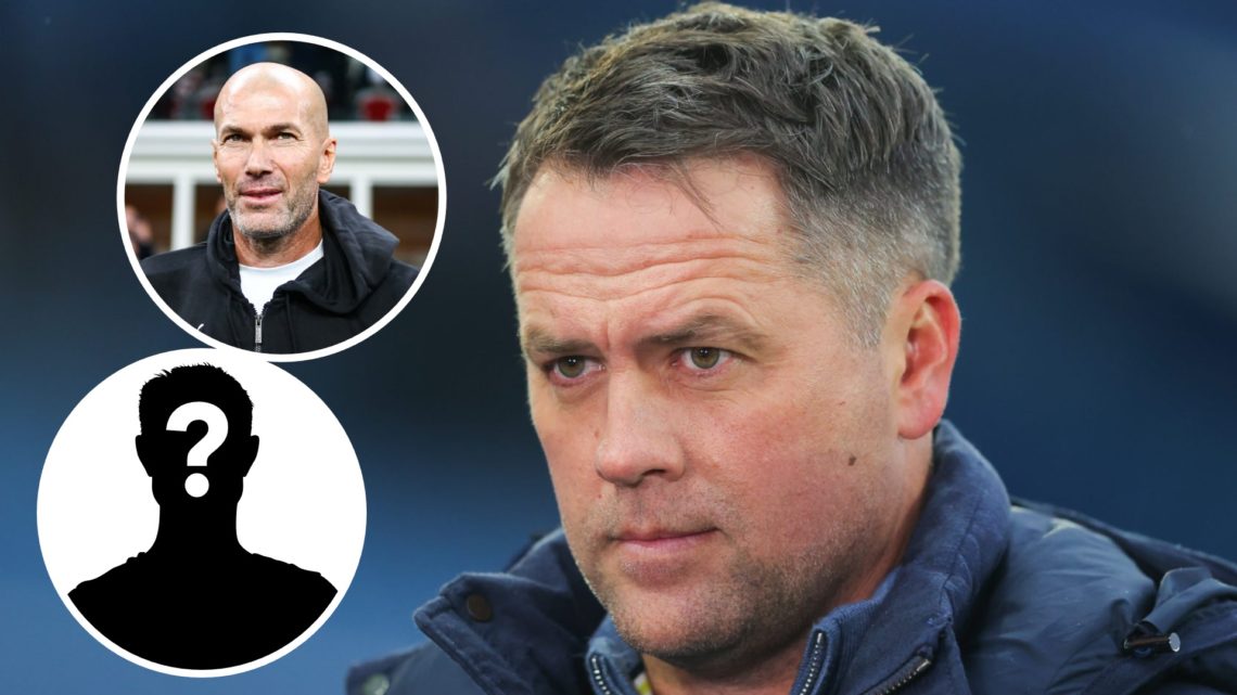 Pundit Michael Owen looks on during the Premier League match between Everton FC and Newcastle United at Goodison Park (Right) Zinedine Zidane is se...