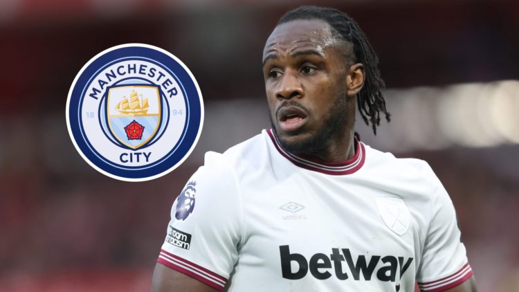 Michail Antonio with inset of Manchester City badge