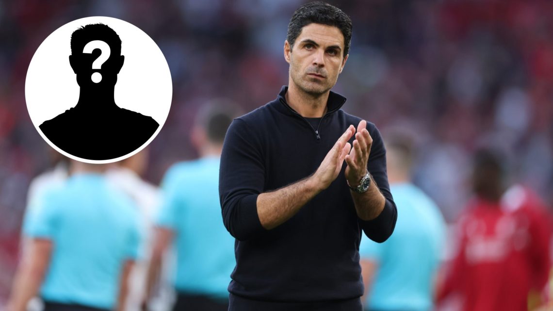 Mikel Arteta applauds fans (right) with mystery player image overlayed (left)