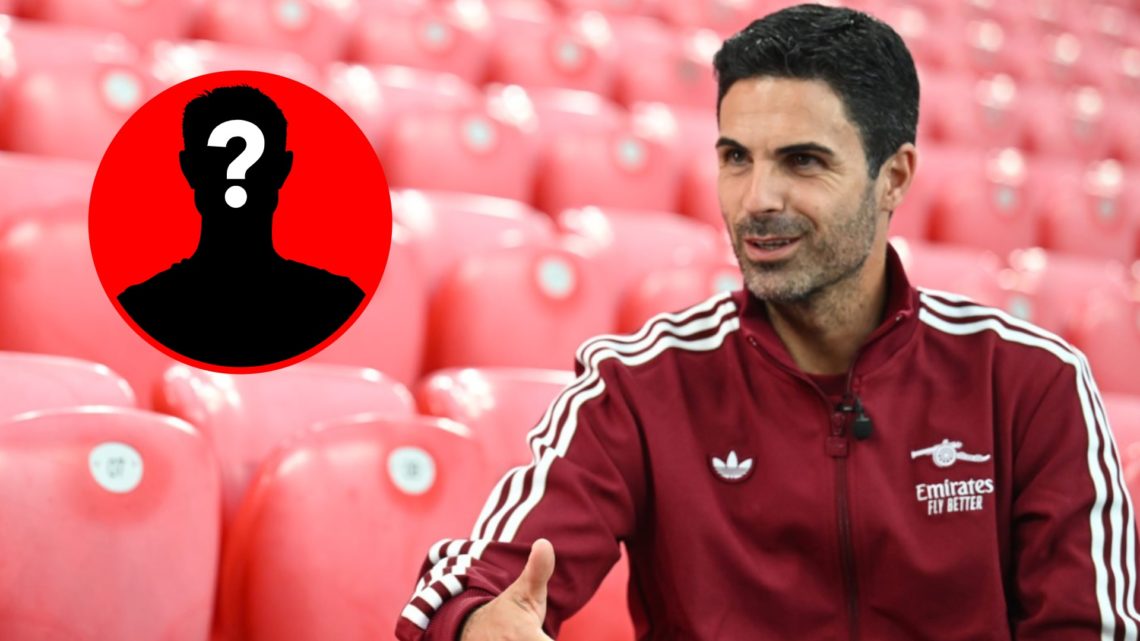Mikel Arteta speaks to the media before Arsenal's match with Athletic Club alongside a mystery player inset