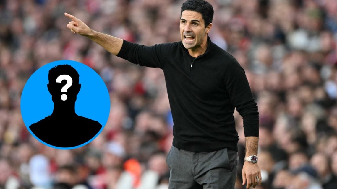 Mikel Arteta gestures during an Arsenal game against Manchester City alongside a mystery player inset