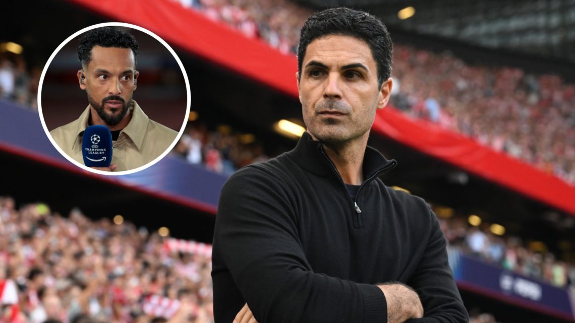 Mikel Arteta stood on the touchline (right) while Theo Walcott doing punditry is overlayed (left)