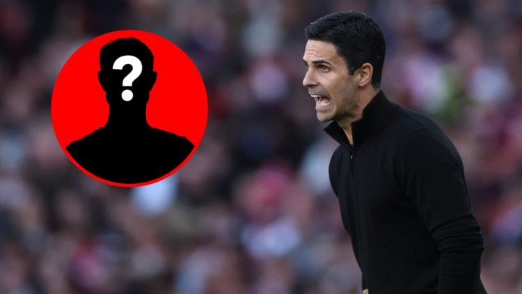 Mikel Arteta shouts during Arsenal's match with Manchester City, alongside a mystery player inset