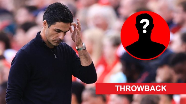 Mikel Arteta reacts during Arsenal's defeat to Liverpool in the Premier League, alongside a throwback banner and a mystery player inset