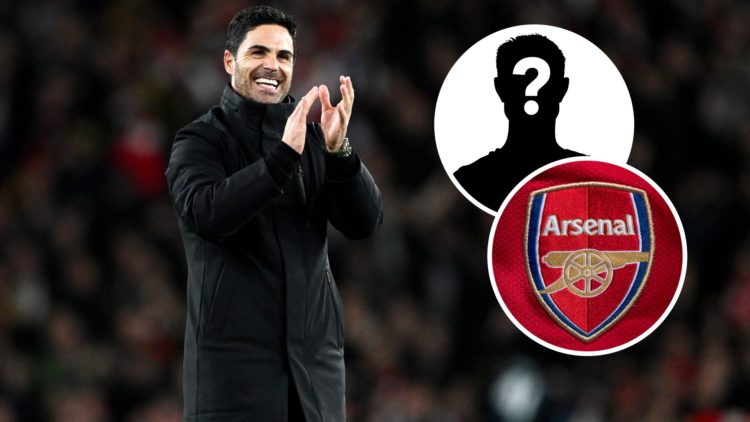 Arsenal boss Mikel Arteta smiling. Inset, a mystery player icon and the Arsenal badge