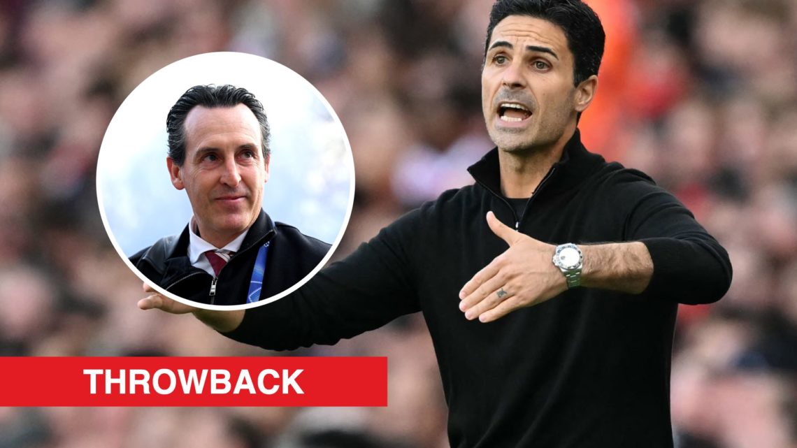 Mikel Arteta gestures during Arsenal v Manchester City. Inset, Aston Villa boss Unai Emery and a red banner with 'throwback' in white text