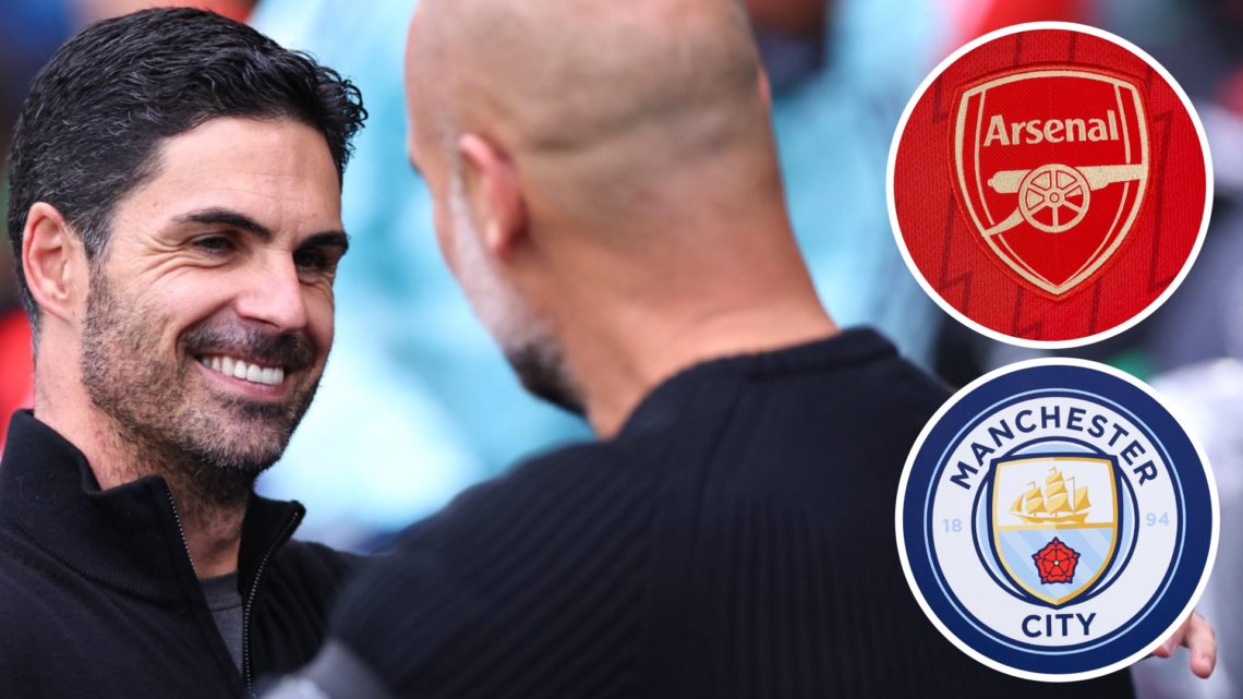 Mikel Arteta, Arsenal badge (inset, top), Manchester City badge (inset, bottom)