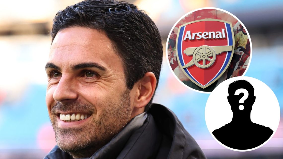 Mikel Arteta, Arsenal badge (inset, top), mystery player (inset, bottom)