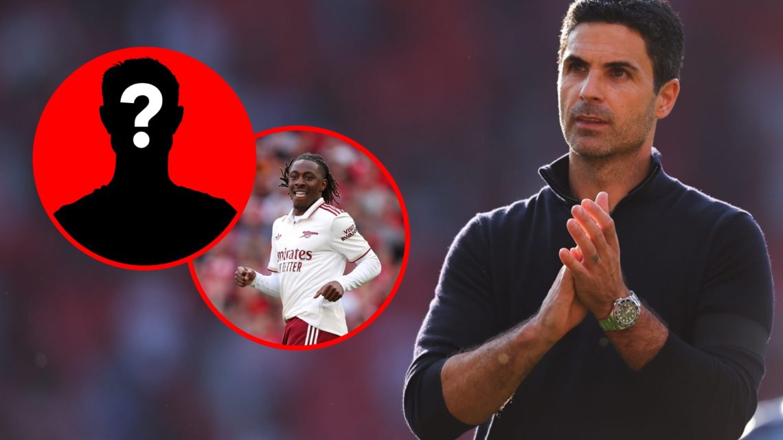 An image featuring Arsenal boss Mikel Arteta alongside Eberechi Eze for Arsenal with a mystery player inset