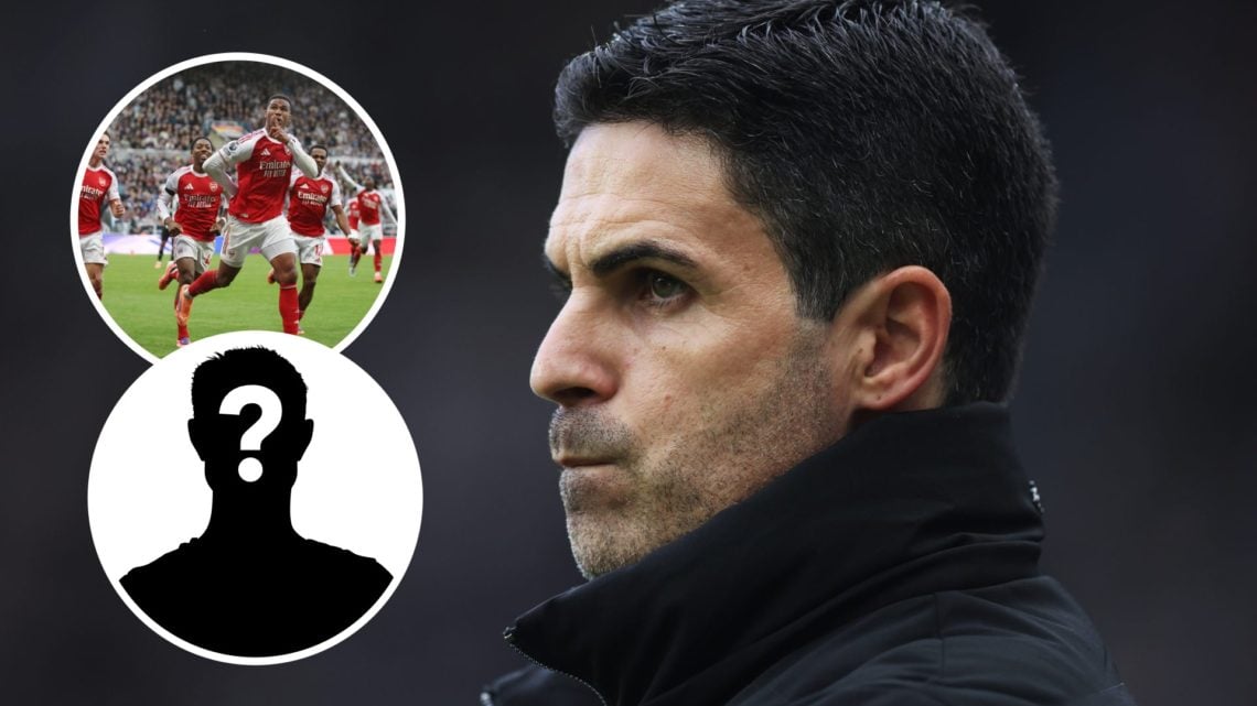 Mikel Arteta during Arsenal's 2-1 win over Newcastle United. Inset of Gabriel Magalhaes and a mystery player.