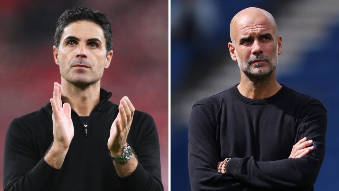 A split image featuring Mikel Arteta looking on during an Arsenal game alongside Manchester City manager Pep Guardiola