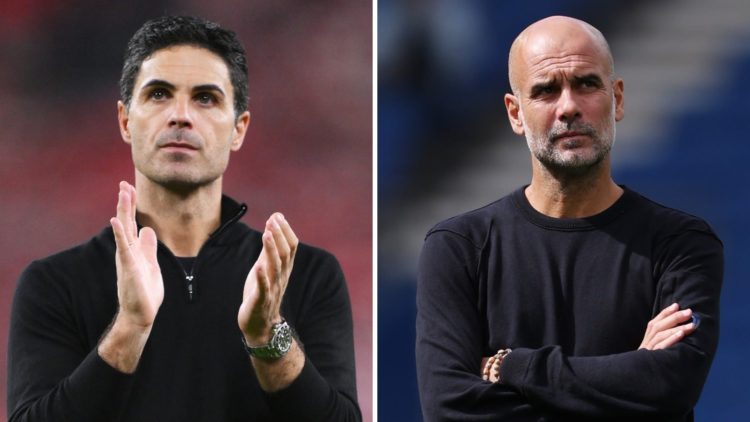 A split image featuring Mikel Arteta looking on during an Arsenal game alongside Manchester City manager Pep Guardiola
