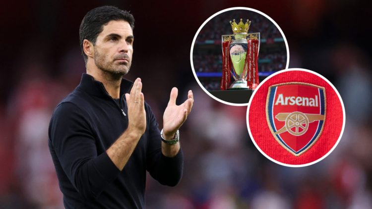 Arsenal boss Mikel Arteta looks on. Inset, the Premier League title and the Arsenal crest on a red scarf