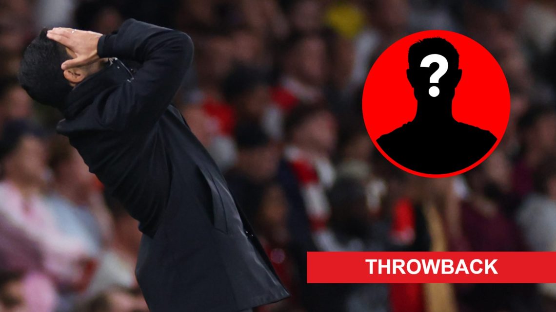An image of Arsenal boss Mikel Arteta reacting during an Arsenal match alongside a mystery player inset and a throwback label