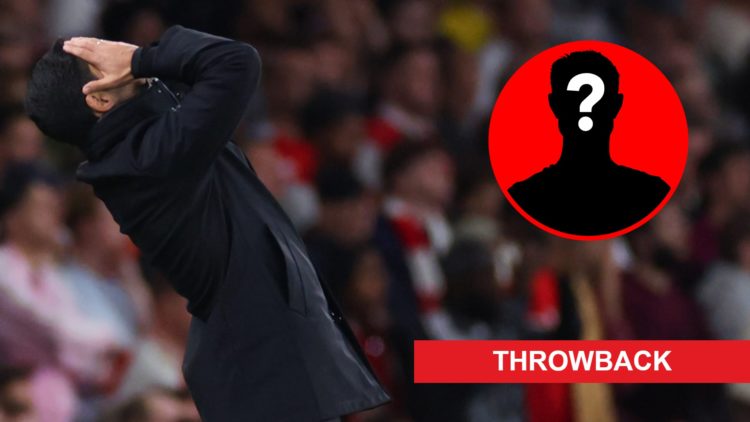 An image of Arsenal boss Mikel Arteta reacting during an Arsenal match alongside a mystery player inset and a throwback label