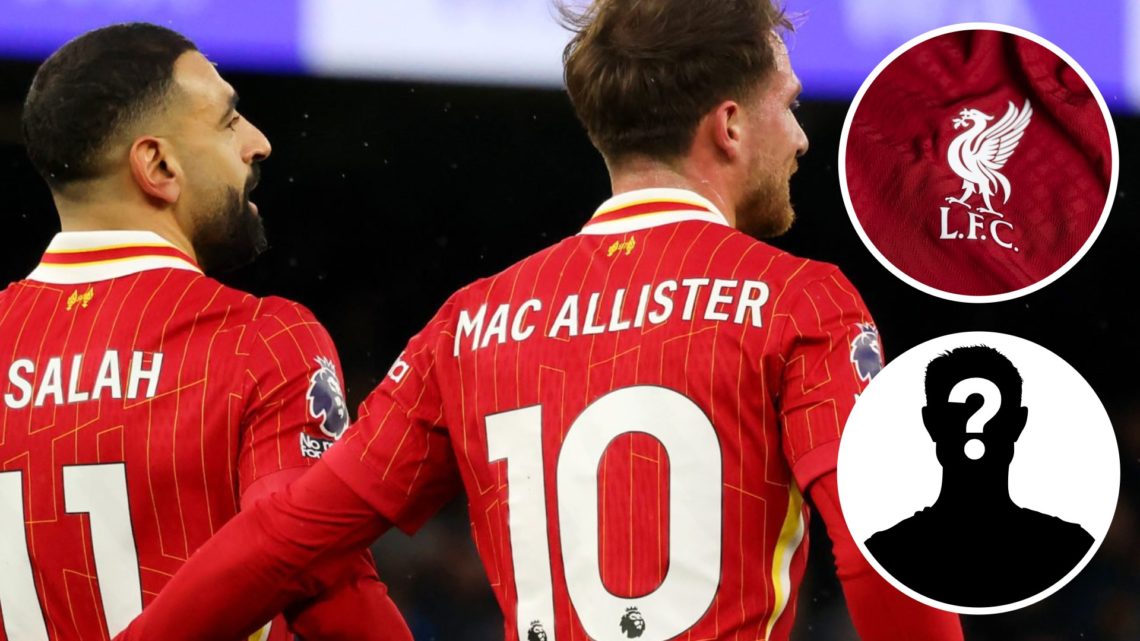 Mo Salah and Alexis Mac Allister, Liverpool badge (inset, top), mystery player (inset, bottom)