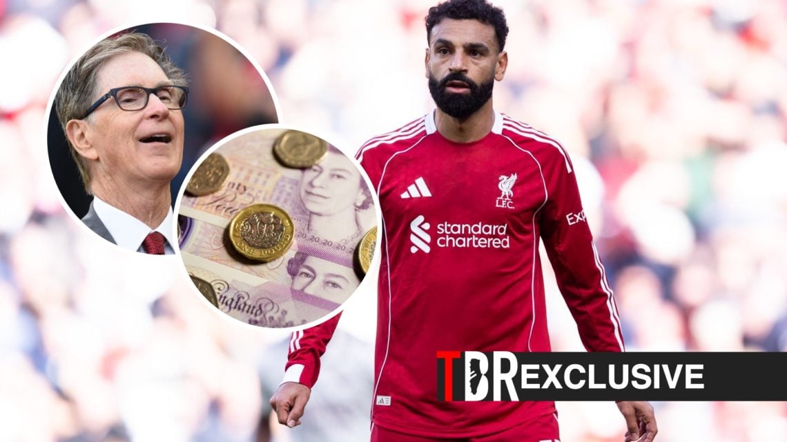 Mohamed Salah in action for Liverpool during a Premier League clash against Arsenal, John Henry, English money, TBR logo and exclusive label inset