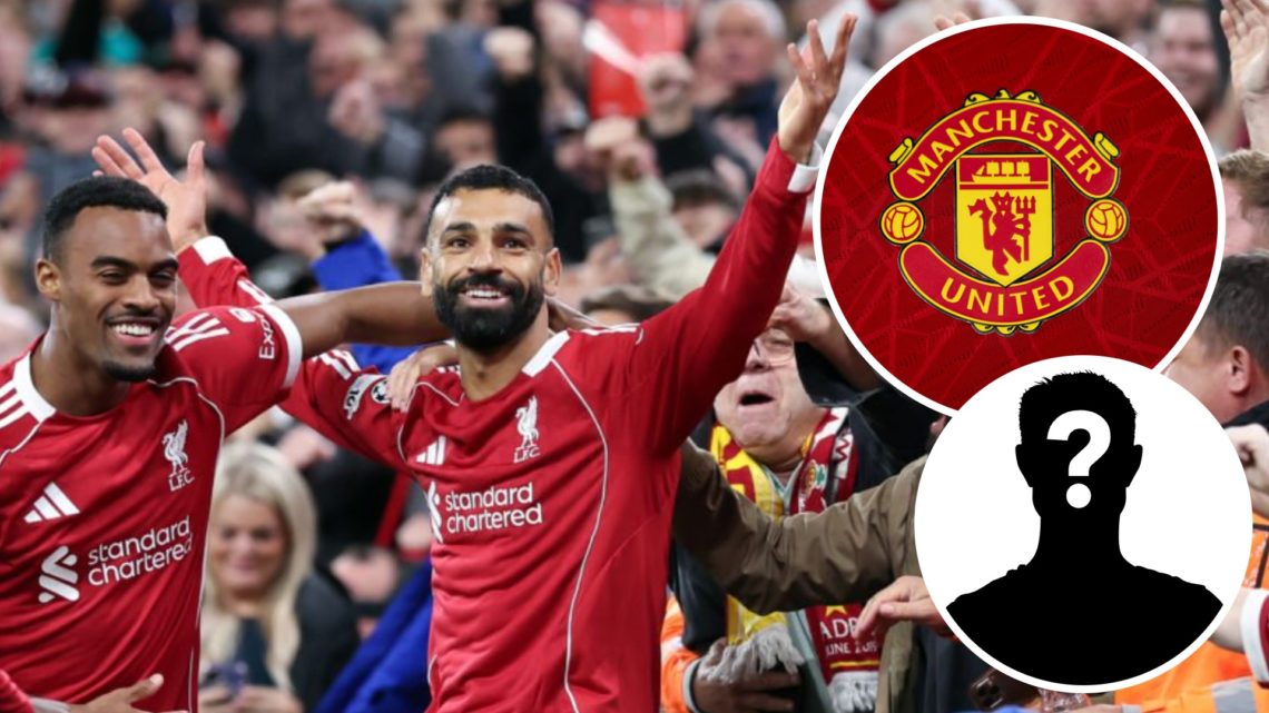 Mohamed Salah, Manchester United badge (inset, top), mystery player (inset, bottom)