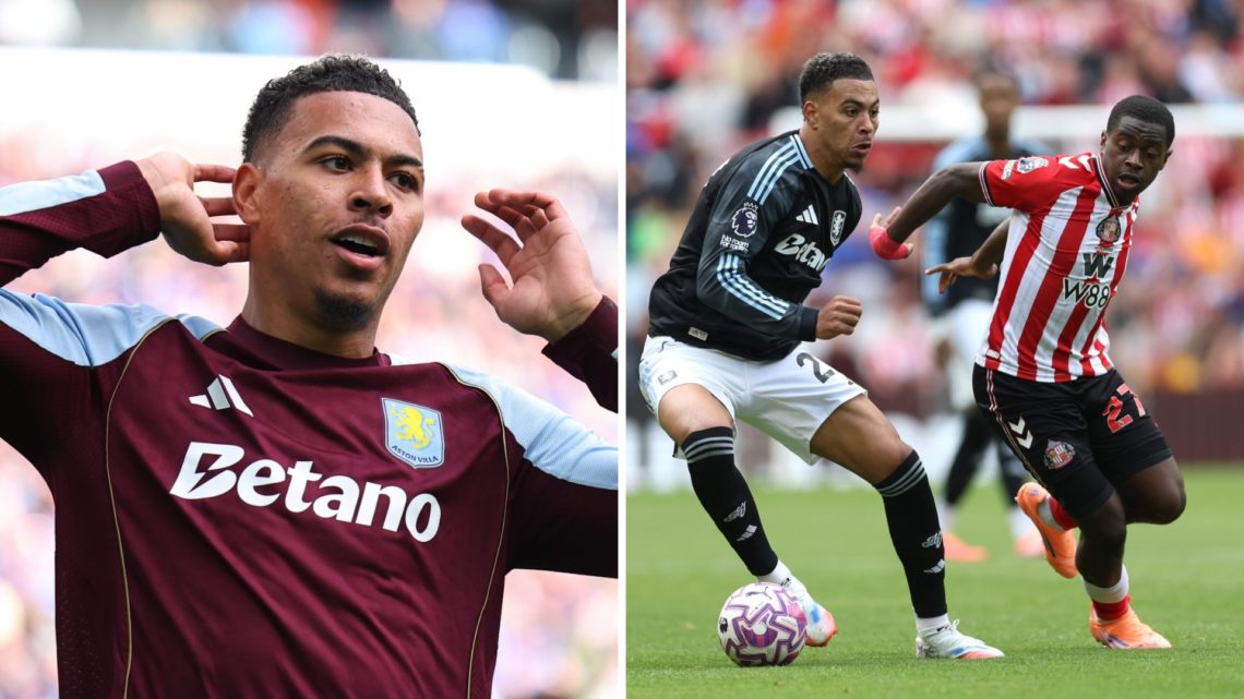 Morgan Rogers of Aston Villa looks on (left), Morgan Rogers battles against Sunderland (right)