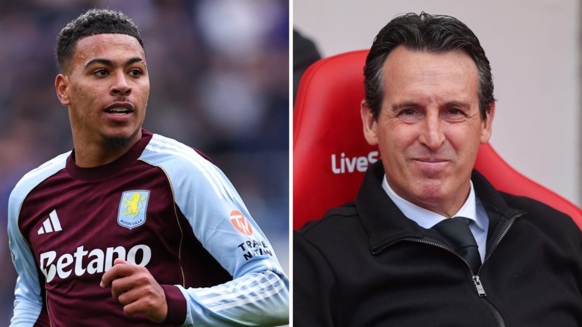 A split image featuring Morgan Rogers looking on in an Aston Villa match alongside Unai Emery