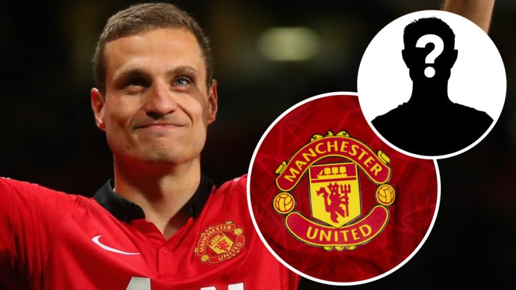 Nemanja Vidic, Manchester United badge (inset, left), mystery player (inset, right)