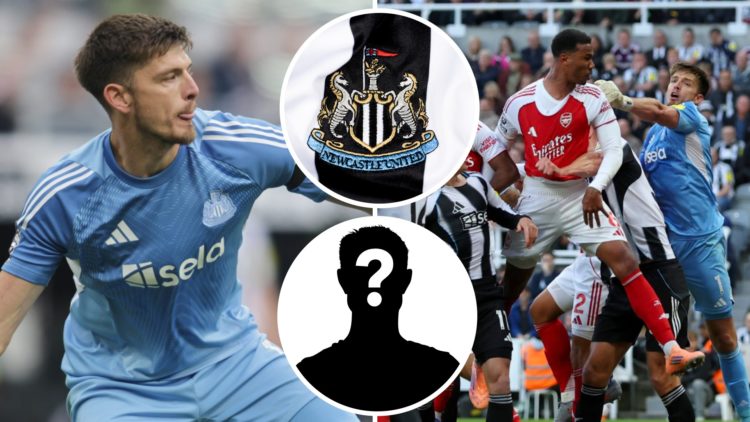 Newcastle United split image with Nick Pope, the badge and a mystery player inset